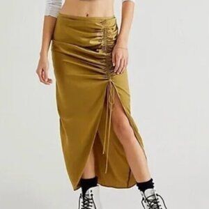 Free People Cerine Army Khaki Olive Green Ruched Midi Skirt Size 6